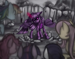 Size: 1024x802 | Tagged: safe, artist:zetamad, imported from derpibooru, fluttershy, mean twilight sparkle, pinkie pie, rainbow dash, rarity, twilight sparkle, alicorn, earth pony, pegasus, pony, unicorn, female, glowing, glowing eyes, log, mane six, mare, rebirth, revived, rock, spread wings, twilight sparkle (alicorn), wings