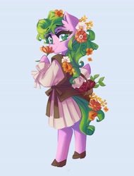 Size: 3116x4096 | Tagged: safe, artist:saxopi, imported from derpibooru, daisy, flower wishes, earth pony, semi-anthro, clothes, dress, flower, flower in hair, lidded eyes, looking at you, looking back, looking back at you, smiling, solo