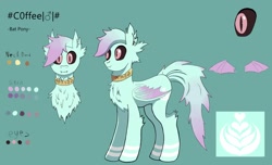 Size: 2530x1536 | Tagged: safe, artist:rachel_rascal, imported from derpibooru, oc, oc only, oc:#c0ffee, bat pony, bat wings, black sclera, chest fluff, collar, cute, cute little fangs, cutie mark, dark eyes, fangs, front view, gradient mane, jewelry, male, necklace, pink eyes, reference sheet, side view, simple background, teal background, wings