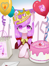 Size: 1080x1440 | Tagged: safe, artist:bonecrow, imported from derpibooru, oc, oc only, oc:candlelight warmth, pony, unicorn, balloon, birthday, birthday cake, birthday gift, bow, cake, crown, cute, female, food, hair bow, horn, jewelry, letter, looking at you, mare, pigtails, regalia, unicorn oc