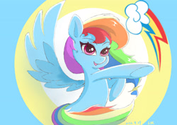 Size: 3508x2480 | Tagged: safe, artist:red river, imported from derpibooru, rainbow dash, pegasus, circle, circle background, cute, flying, icon, open mouth, pointing, ponytail, raised hoof, smiling, wings