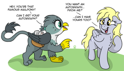 Size: 1537x877 | Tagged: safe, artist:doodledonutart, imported from derpibooru, derpy hooves, gabby, griffon, pegasus, pony, bag, comic, cute, derp, dialogue, floppy ears, mail, mailbag, mailmare, open mouth, raised hoof, smiling, teeth