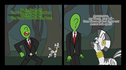 Size: 1940x1080 | Tagged: safe, artist:happy harvey, imported from derpibooru, zecora, oc, oc:anon, human, zebra, 2 panel comic, bracelet, bush, cartoons (band), clothes, comic, dialogue, drawthread, ear piercing, earring, everfree forest, jewelry, looking up, love spell, necktie, open mouth, pants, phone drawing, piercing, rhyme, singing, song reference, suit, this will not end well, tree, witch doctor, witch doctor (song)