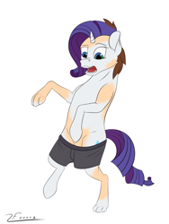 Size: 2448x3264 | Tagged: safe, artist:furnaise, imported from derpibooru, rarity, human, pony, unicorn, bipedal, clothes, human to pony, male to female, mid-transformation, open mouth, rule 63, shorts, solo, transformation, transgender transformation