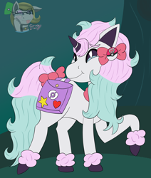 Size: 1100x1300 | Tagged: safe, artist:gray star, derpibooru exclusive, imported from derpibooru, oc, oc:gleaming bow, galarian ponyta, ponyta, unicorn, bag, bow, female, hair bow, pokemon sword and shield, pokémon, saddle bag, smiling, tail, tail bow