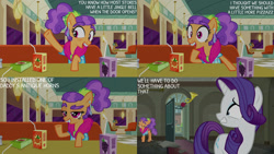 Size: 1280x720 | Tagged: safe, edit, edited screencap, editor:quoterific, imported from derpibooru, screencap, plaid stripes, rarity, earth pony, pony, unicorn, season 6, the saddle row review, braces, eyes closed, female, grin, juice, male, mare, open mouth, open smile, smiling, stallion, text