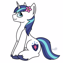 Size: 2800x2800 | Tagged: safe, artist:foxxo666, imported from derpibooru, shining armor, pony, unicorn, canterlot wedding 10th anniversary, cute, flower, flower in hair, happy, looking back, male, shining adorable, simple background, sitting, smiling, solo, stallion, unshorn fetlocks, white background