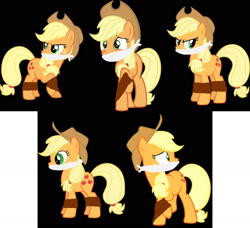 Size: 1744x1588 | Tagged: safe, artist:thetoptier, imported from derpibooru, applejack, earth pony, pony, angry, bondage, cloth gag, gag, glare, happy, help, help me, looking back, nervous, rope, rope bondage, ropes, sad, scared, standing, standing up, startled, struggling, tied up, worried