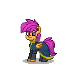 Size: 538x537 | Tagged: safe, artist:gloomy brony, imported from derpibooru, scootaloo, pegasus, pony, pony town, chinese, clothes, female, filly, foal, g4, goenitz, king of fighters, kof, pixel art, pixels, scootaloo is not amused, simple background, snk, solo, unamused, white background