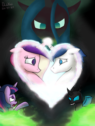 Size: 1500x2000 | Tagged: safe, artist:dashyoshi, imported from derpibooru, princess cadance, queen chrysalis, shining armor, twilight sparkle, changeling, pony, unicorn, canterlot wedding 10th anniversary, fire, glowing, glowing horn, heart, horn