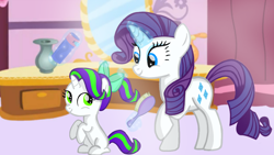 Size: 1280x720 | Tagged: safe, artist:mlplary6, imported from derpibooru, rarity, oc, oc:pearl, dracony, hybrid, pony, unicorn, female, filly, foal, interspecies offspring, mare, mother and child, mother and daughter, offspring, parent:rarity, parent:spike, parents:sparity, smiling