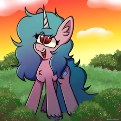 Size: 2048x2048 | Tagged: safe, artist:artsywhitetail, imported from derpibooru, izzy moonbow, pony, unicorn, chest fluff, cute, ear fluff, female, g5, happy, izzybetes, looking up, mare, open mouth, open smile, smiling, solo, unshorn fetlocks