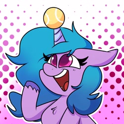 Size: 2048x2048 | Tagged: safe, artist:artsywhitetail, imported from derpibooru, izzy moonbow, pony, unicorn, abstract background, ball, blushing, cute, female, g5, happy, horn, hornball, izzy's tennis ball, izzybetes, mare, open mouth, open smile, pointing, simple background, smiling, solo, tennis ball, unshorn fetlocks