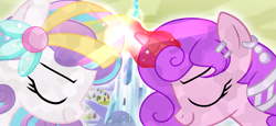 Size: 4096x1890 | Tagged: safe, imported from derpibooru, princess flurry heart, oc, oc:candlelight warmth, alicorn, crystal pony, pony, unicorn, crystal, crystal empire, crystallized, female, horn, magic, mare, telekinesis, unicorn oc