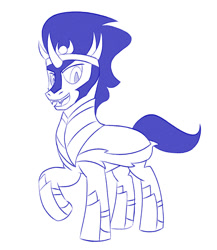 Size: 909x1047 | Tagged: safe, artist:marcodile, imported from derpibooru, king sombra, pony, unicorn, armor, cloak, clothes, fangs, male, monochrome, open mouth, open smile, raised hoof, simple background, smiling, solo, stallion, white background