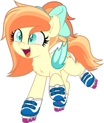 Size: 4221x5000 | Tagged: safe, artist:jhayarr23, imported from derpibooru, oc, oc only, oc:sunshine drift, bat pony, pony, bat pony oc, bow, chest fluff, cute, ear fluff, fangs, female, fluffy, hair bow, happy, mare, roller skates, simple background, smiling, solo, transparent background