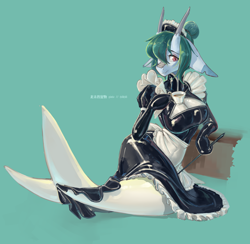 Size: 5560x5425 | Tagged: safe, artist:龙宠, imported from derpibooru, oc, oc only, oc:shanher, anthro, dragon, mermaid, absurd resolution, apron, big breasts, breasts, clothes, corset, cup, dragoness, eyeshadow, female, fish tail, lace, latex, latex skirt, latex suit, lizard breasts, looking at you, maid, maid headdress, makeup, mermaid tail, skirt, solo, tail, teacup