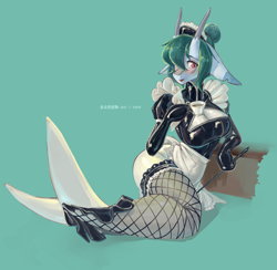 Size: 5560x5425 | Tagged: safe, artist:龙宠, imported from derpibooru, oc, oc only, oc:shanher, anthro, dragon, mermaid, absurd resolution, anklet, apron, big breasts, blushing, breasts, clothes, corset, cup, dragoness, eyeshadow, female, fish tail, jewelry, lace, latex, latex suit, looking at you, maid, maid headdress, makeup, mermaid tail, solo, stockings, tail, teacup, thigh highs