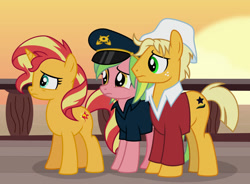Size: 1024x754 | Tagged: safe, artist:emeraldblast63, artist:limedazzle, imported from derpibooru, lemon zest, sunset shimmer, earth pony, pony, unicorn, comic:the tale of two sunsets, boat, captain hat, equestria girls ponified, ponified, ragamuffin (g4), story included