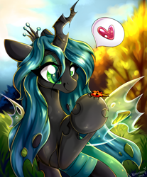 Size: 1654x2000 | Tagged: source needed, safe, artist:woonborg, imported from derpibooru, queen chrysalis, changeling, changeling queen, insect, ladybug, canterlot wedding 10th anniversary, crown, cute, cutealis, female, horn, jewelry, regalia, smiling, solo, sun, sunshine, tree, wings