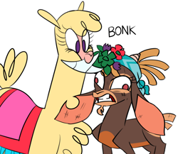 Size: 2006x1744 | Tagged: safe, artist:nonameorous, imported from derpibooru, shanty (tfh), alpaca, goat, them's fightin' herds, bonk, bouquet, community related, derp, flower, paprika (tfh), simple background, white background