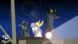 Size: 2001x1125 | Tagged: safe, artist:shawn keller, imported from derpibooru, oc, oc only, oc:athena (shawn keller), oc:lustrous (shawn keller), dinosaur, pegasus, pony, angry, bedroom eyes, boat, crown, female, flashlight (object), guardians of pondonia, indoraptor, jewelry, looking at each other, looking at someone, male, mare, margarita paranormal, night, not celestia, not chrysalis, ocean, pegasus oc, regalia, searchlight, ship, sky, smiling, smirk, smug, stars, the three kingdoms, water