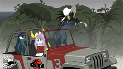 Size: 2001x1125 | Tagged: safe, artist:shawn keller, imported from derpibooru, oc, oc only, oc:athena (shawn keller), oc:lustrous (shawn keller), dinosaur, pegasus, pony, bucket hat, car, cigarette, crown, driving, fear and loathing in las vegas, female, grass, guardians of pondonia, hat, indoraptor, island, jeep, jewelry, jurassic park, male, mare, margarita paranormal, movie reference, ocean, pegasus oc, reference, regalia, sitting, sunglasses, the three kingdoms, tree, water