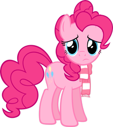 Size: 1055x1185 | Tagged: safe, artist:zacatron94, imported from derpibooru, pinkie pie, earth pony, pony, blue eyes, clothes, cute, female, mare, pink mane, pink tail, poor pinkie pie, sad, sadorable, scarf, simple background, solo, standing, striped scarf, tail, transparent background, winter outfit