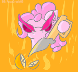 Size: 1800x1680 | Tagged: safe, artist:papacruda09, imported from derpibooru, pinkie pie, earth pony, angry, big ears, big eyes, food, fruit, knife, orange, orange background, pinkamena diane pie, simple background, weapon