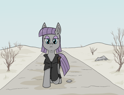 Size: 1940x1480 | Tagged: safe, artist:happy harvey, imported from derpibooru, maud pie, earth pony, pony, boulder (g4), bush, clothes, crossover, desert, dessert, dirt road, drawthread, female, grass, gun, jacket, leather jacket, mad max, mare, parody, phone drawing, rock, sand, shotgun, shrub, sky, the road warrior, walking, weapon