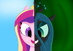 Size: 2048x1444 | Tagged: safe, artist:suryfromheaven, imported from derpibooru, princess cadance, queen chrysalis, alicorn, changeling, canterlot wedding 10th anniversary, duo, female, mare, simple background