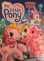 Size: 640x883 | Tagged: safe, imported from derpibooru, pinkie pie (g3), toola roola, 2009, g3, hoof heart, hot air balloon, magazine, mlp annual 2009, my little pony logo, official, pedigree, ponyville (g3), scan, snow