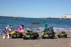 Size: 4608x3072 | Tagged: safe, artist:dingopatagonico, imported from derpibooru, queen chrysalis, shining armor, twilight sparkle, alicorn, changeling, pony, unicorn, current events, guardians of harmony, irl, misadventures of the guardians, photo, russia, tank (vehicle), toy, twilight sparkle (alicorn), z (military symbol)