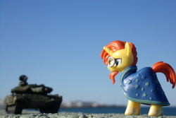 Size: 4608x3072 | Tagged: safe, artist:dingopatagonico, imported from derpibooru, sunburst, pony, unicorn, cape, clothes, forced perspective, glasses, irl, male, photo, solo, stallion, tank (vehicle), toy