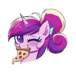 Size: 2377x2245 | Tagged: safe, artist:confetticakez, imported from derpibooru, princess cadance, alicorn, pony, :3, bust, cute, cutedance, ear fluff, female, food, heart eyes, looking at you, mare, one eye closed, peetzer, pepperoni, pepperoni pizza, pizza, simple background, solo, teen princess cadance, that pony sure does love pizza, white background, wingding eyes, wink, winking at you, younger