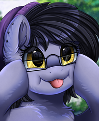 Size: 1446x1764 | Tagged: safe, artist:pridark, imported from derpibooru, oc, oc only, oc:nightshade (pegasus), pegasus, pony, :p, beanie, chest fluff, cute, ear fluff, ear piercing, earring, female, glasses, hat, hooves on cheeks, jewelry, mare, mlem, piercing, reflection, silly, silly pony, solo, tongue out, tree