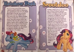 Size: 640x450 | Tagged: safe, imported from derpibooru, rainbow dash (g3), scootaloo (g3), 2009, backstory, g3, hoof heart, magazine, mlp annual 2009, official, scan, story included, text