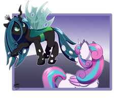 Size: 4238x3446 | Tagged: safe, artist:backgroundpony#f352, imported from derpibooru, princess flurry heart, queen chrysalis, alicorn, changeling, changeling queen, pony, adult, adult flurry heart, canterlot wedding 10th anniversary, duo, eyes open, female, horn, mare, older, older flurry heart, princess, signature, wings