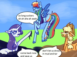 Size: 699x518 | Tagged: safe, artist:ponybutcher, imported from derpibooru, applejack, mean rainbow dash, rainbow dash, rarity, earth pony, pegasus, unicorn, the mean 6, dialogue, female, frown, hat, meme, mud, out of context, quicksand, rainbow douche, redraw, sky, speech bubble, stuck, tar, tar pit, text, trio, trio female