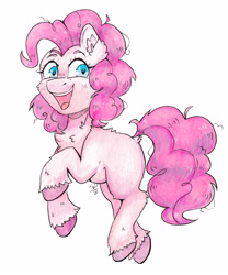 Size: 3004x3616 | Tagged: safe, artist:lightisanasshole, imported from derpibooru, pinkie pie, earth pony, pony, blue eyes, cheek fluff, chest fluff, colored hooves, female, messy mane, missing cutie mark, open mouth, open smile, simple background, smiling, solo, traditional art, watercolor painting