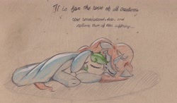 Size: 3148x1833 | Tagged: safe, artist:foxtrot3, imported from derpibooru, oc, oc:destiny, oc:karakusa, earth pony, pony, unicorn, cape, clothes, cursive writing, duo, female, filly, foal, gloves, hug, sleeping, text, traditional art