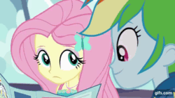 Size: 640x360 | Tagged: safe, imported from derpibooru, screencap, fluttershy, rainbow dash, equestria girls, equestria girls series, rollercoaster of friendship, aaugh!, animated, clothes, cute, eyes closed, female, geode of fauna, gif, gifs.com, grin, hairpin, hoodie, jewelry, magical geodes, male, necklace, nose in the air, open mouth, roller coaster, shyabetes, smiling