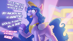 Size: 3840x2160 | Tagged: safe, artist:cocaine, imported from derpibooru, izzy moonbow, pony, unicorn, crown, dialogue, evil, g5, implied zipp storm, insanity, jewelry, kitchen, offscreen character, refrigerator, regalia