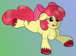 Size: 1000x735 | Tagged: artist needed, safe, imported from derpibooru, apple bloom, earth pony, pony, chest fluff, eye clipping through hair, female, filly, floppy ears, foal, lying down, open mouth, prone, solo, unshorn fetlocks, young