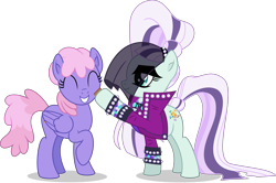 Size: 5865x3890 | Tagged: safe, artist:thatusualguy06, imported from derpibooru, coloratura, rainbowshine, earth pony, pegasus, pony, the mane attraction, .svg available, :d, ^^, absurd resolution, clothes, countess coloratura, duo, duo female, eyes closed, female, hoofsies, jacket, open mouth, open smile, raised hoof, simple background, smiling, stamp, svg, transparent background, vector, veil