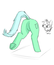 Size: 557x665 | Tagged: safe, artist:neccanon, lyra heartstrings, butt, dock, featureless crotch, female, hooves, mare, plot, pretty, simple background, wew