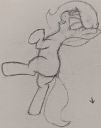 Size: 1280x1622 | Tagged: safe, artist:axlearts, oc, oc only, oc:delpone, earth pony, pony, butt, dock, earth pony oc, female, looking back, mare, plot, smiling, solo, traditional art