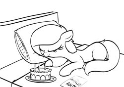 Size: 1158x816 | Tagged: safe, artist:axlearts, oc, oc only, oc:delpone, earth pony, pony, bed, birthday cake, birthday card, cake, earth pony oc, female, food, mare, monochrome, pillow, sleeping, solo