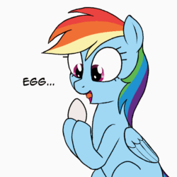 Size: 600x600 | Tagged: safe, artist:axlearts, rainbow dash, pegasus, pony, animated, cute, dashabetes, dialogue, egg (food), female, food, gif, heart, mare, offering, open mouth, simple background, sitting, smiling, smiling at you, solo, white background, wings
