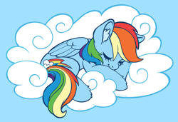 Size: 3278x2240 | Tagged: safe, artist:taytinabelle, imported from derpibooru, rainbow dash, pegasus, pony, blue background, cloud, cute, dashabetes, ear fluff, eyes closed, female, folded wings, mare, on a cloud, simple background, sleeping, sleeping on a cloud, sleepydash, solo, unshorn fetlocks, wings